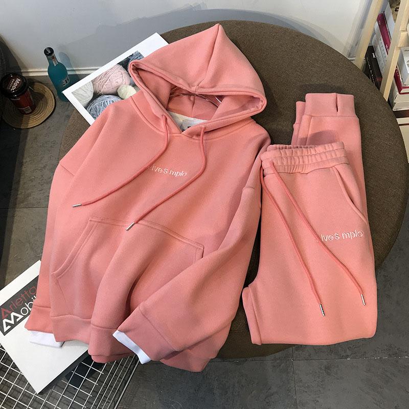 Autumn Winter New Suit Thickened Velvet Pullover Hooded Women's Suit Sports Casual Long Pants Hoodies Two-piece Set