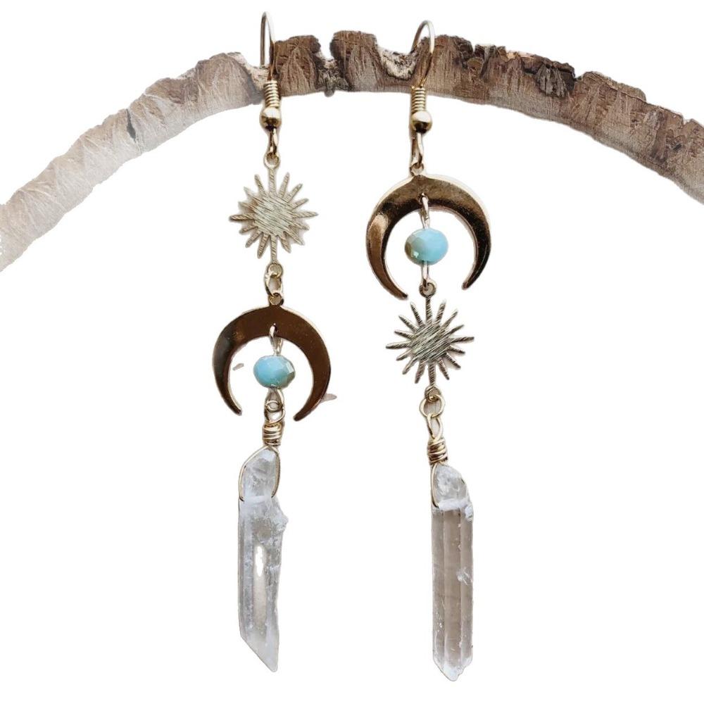 Boho Gold Color Sun Crescent Moon Irregular Transparent Quartz Crystal Column Dangle Earrings for Women Halloween Magic Jewelry