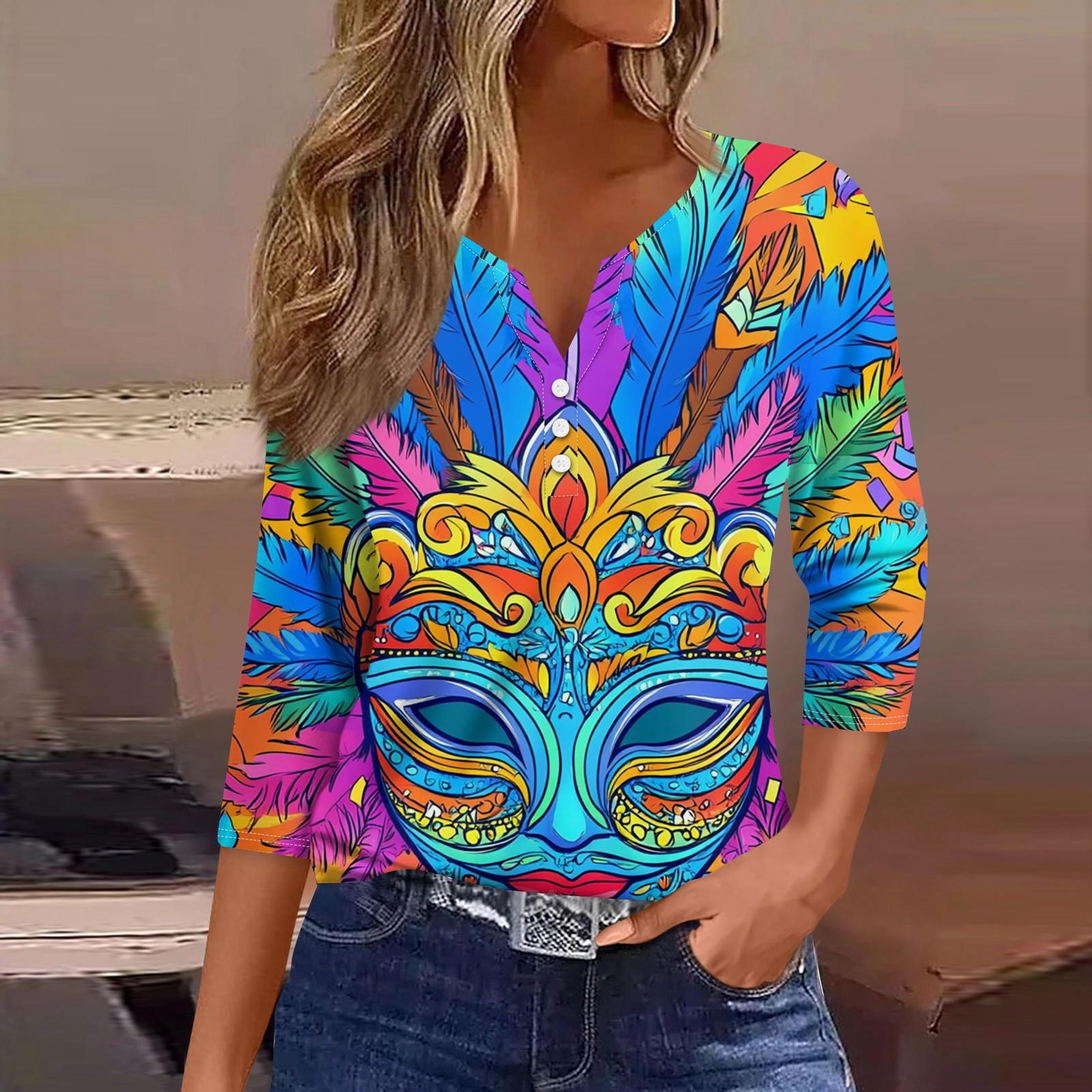 

Жен. Футболка Футболка С принтом Пуговицы Рукав 3/4 Повседневные Выходные Мода Классический V-образный вырез Обычный Топ M синий