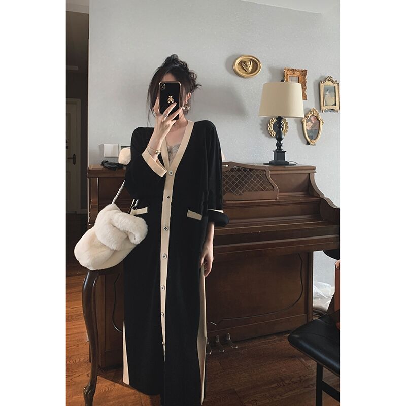 

High sense cold temperament celebrity thin knitted black long-sleeved dress design sense niche S чёрный