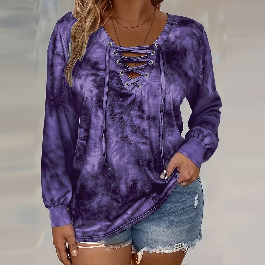 Women's Fashionable Loose-Fit Plus-Size Tie-Dye Printed Long-Sleeve T-Shirt