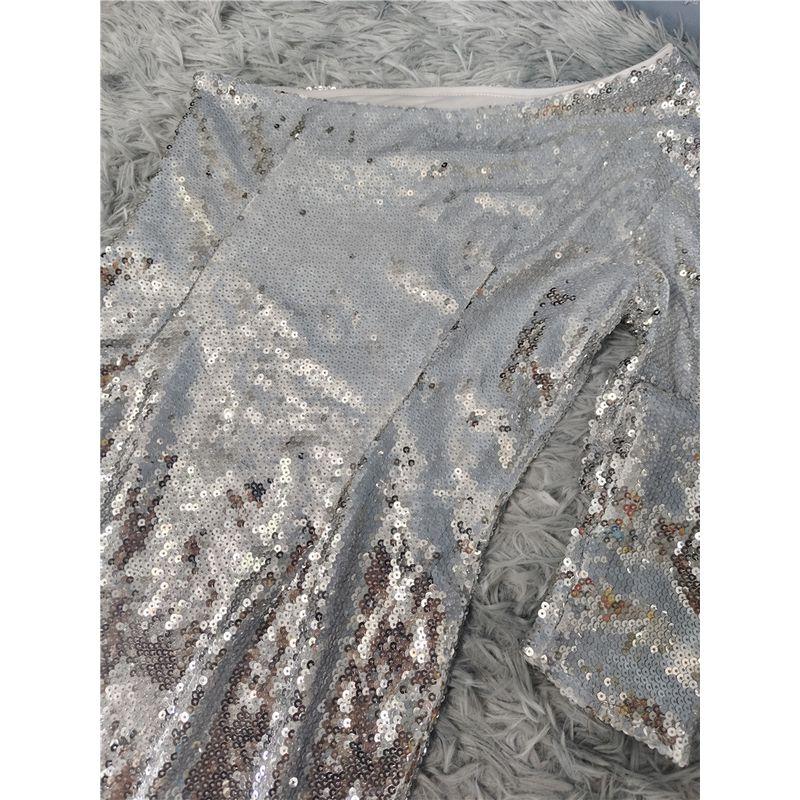 Export Single Shoulder Sexy Long Sleeves Waist-Tight Annual Party Party Dress Ruffles Evening Midi Dress Sequin Shiny