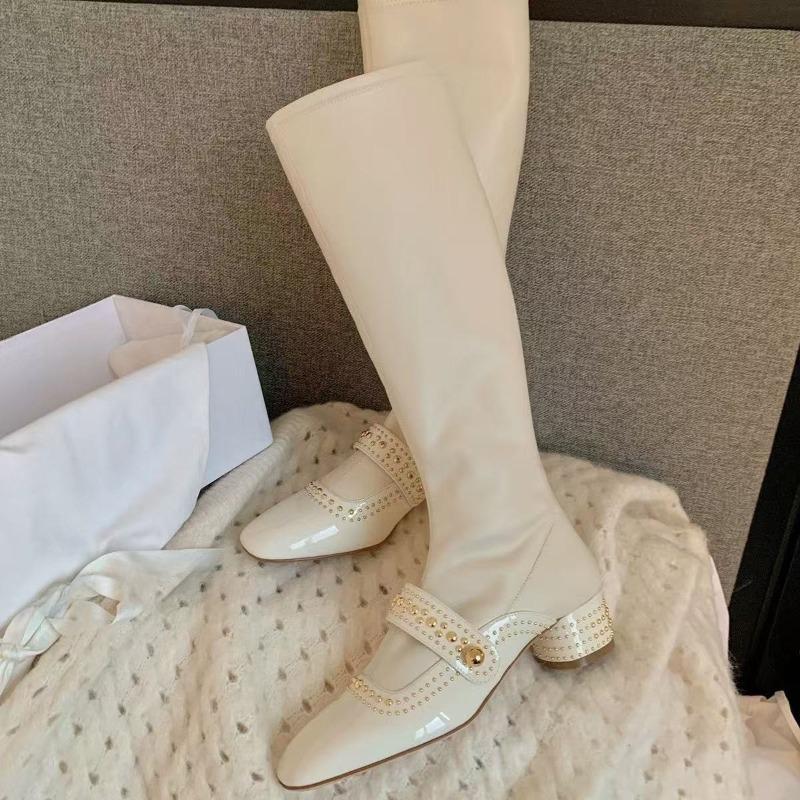 Fashion Metal Rivet Design Women's Ankle Boots Comfort Soft Leather Modern Long Boots Elegant Round Toe Low Chunky Rider Boots