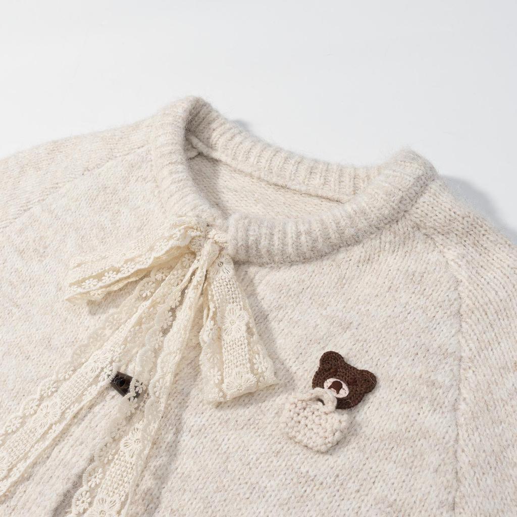 French Autumn/Winter Lace Tie Knit Cardigan - Women's Cozy Korean Style Trendy Knit Top