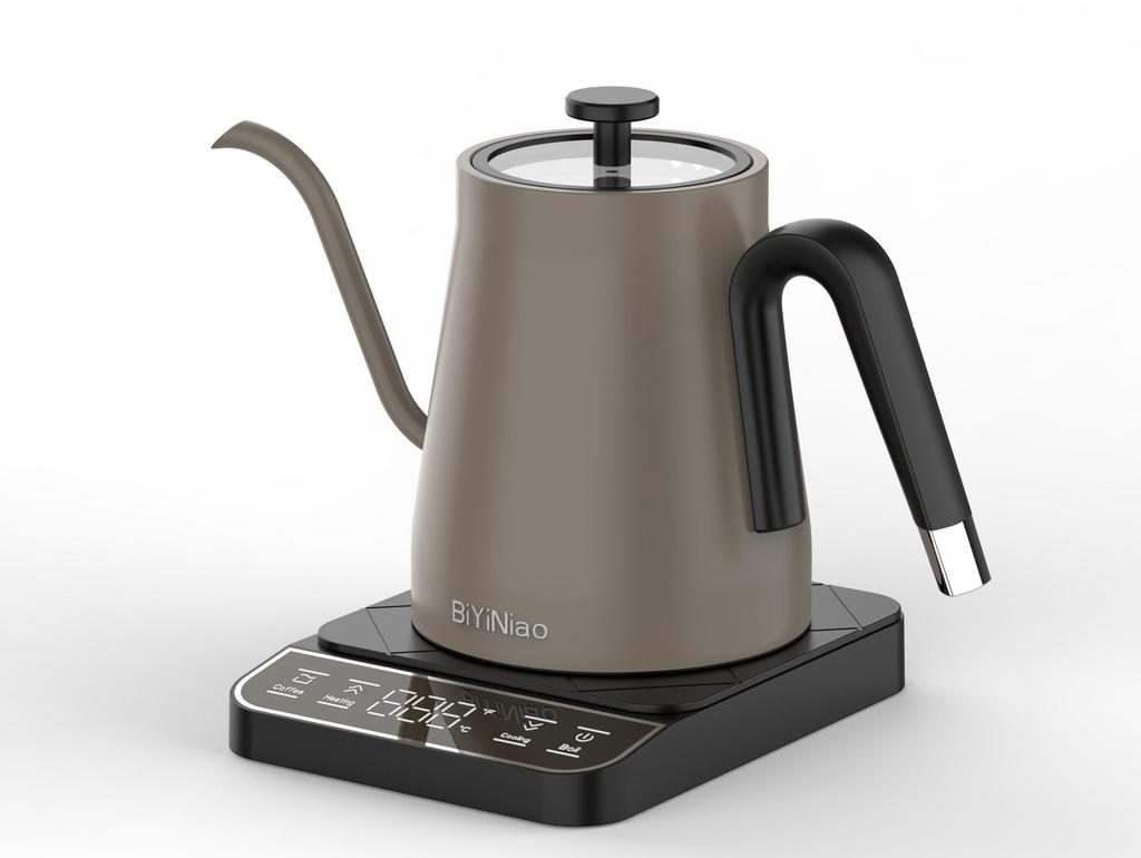 Temperaturkontrollerad vattenkokare i rostfritt stål med svanhals och överhällbar kaffe- och tekokare
