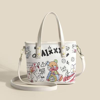 New Women's Bag Personalized Graffiti Handbag Casual Letter Bear Tote Bucket Bag Shoulder Messenger Bag