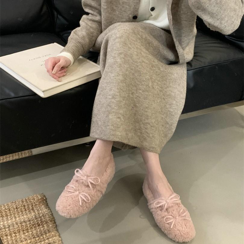 2025 winter height increase of 4cm single shoes warm and plush round bow fluffy shoes