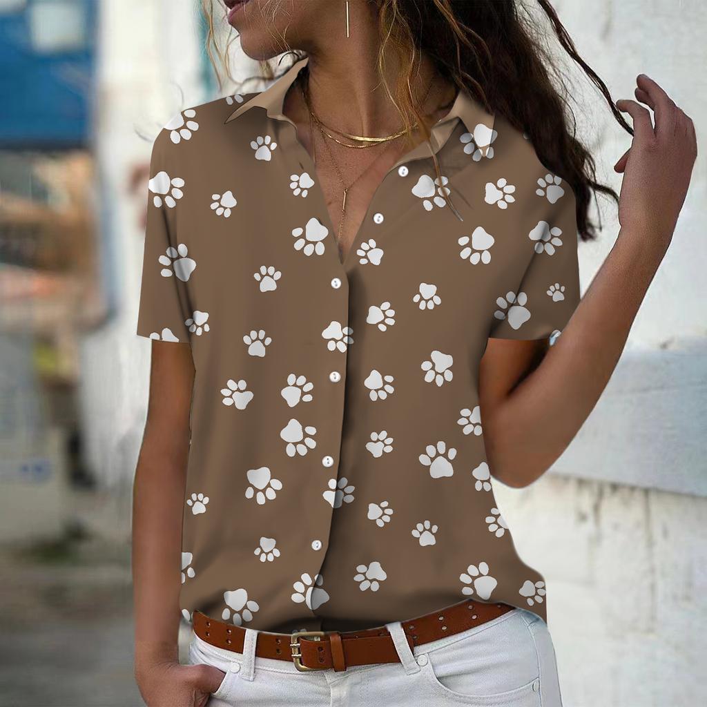 2025 Summer New Fashion Women's Dog Claw Printed Short Sleeve V-neck Casual Button-down Shirt Top