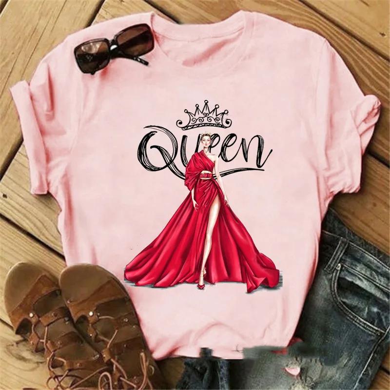 Pink Crown Queen Print Women T Shirt Short Sleeve O Neck Loose Women Tshirt Ladies Tee Shirt Tops Clothes Camisetas Mujer
