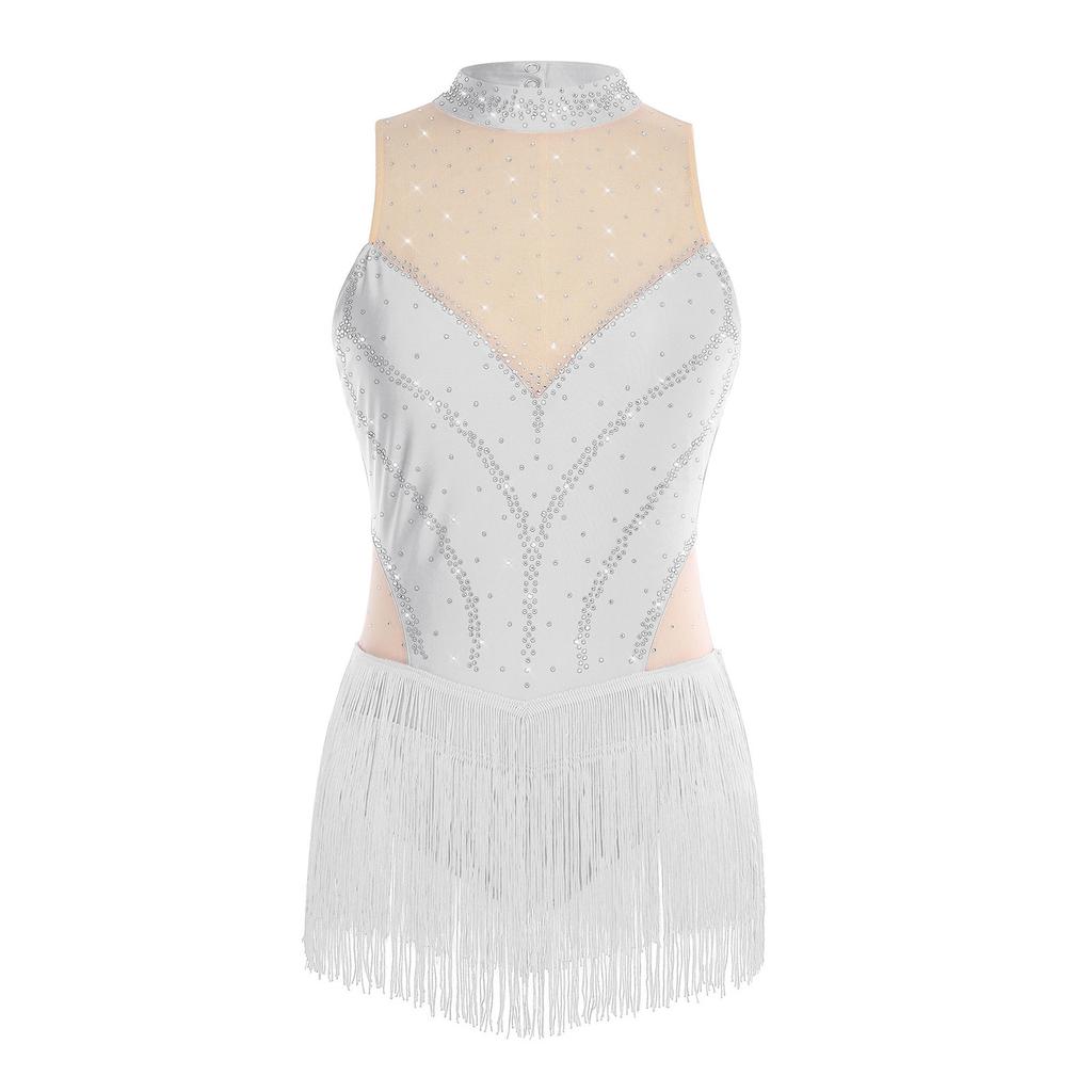 Damen Latein Eiskunstlauf Trikot Ärmellos Schlüssellochdesign am Rücken Quastenfransen Taille Glitzernder Body