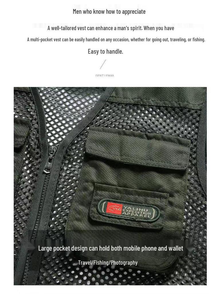 Vestă de vară pentru bărbați, din plasă, cu buzunare multiple, fără mâneci - Jachetă pentru fotografie în aer liber și pescuit, pentru bărbați de vârstă mijlocie și vârstnici