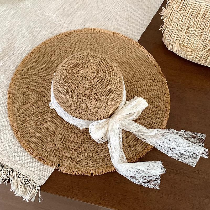 Lace Bow Straw Hat Women's Summer French Large Brim Sunscreen Hat Seaside Beach Vacation Sun Hat