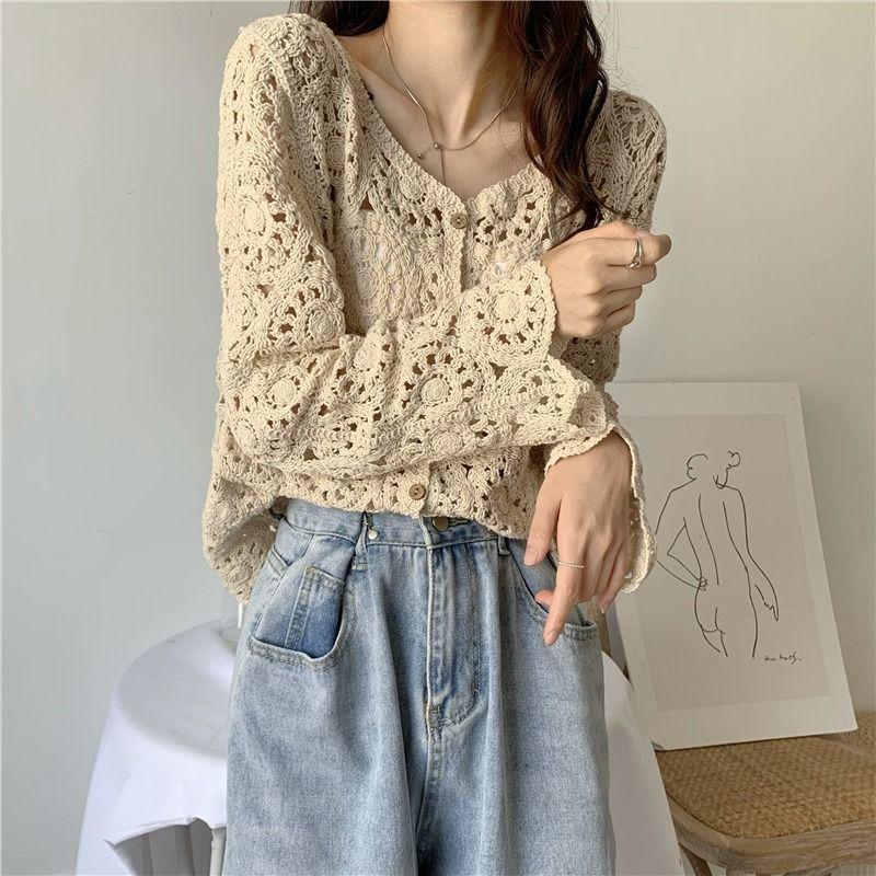 

Женский вязаный свитер весна осень ажурный с длинным рукавом крючком кружевной тонкий топ кардиган верхняя одежда one size абрикосовый