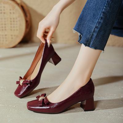 Square Head High Heels Thick Heel Shallow Mouth Single Shoes New Large Size Bow Middle Heel Shoes