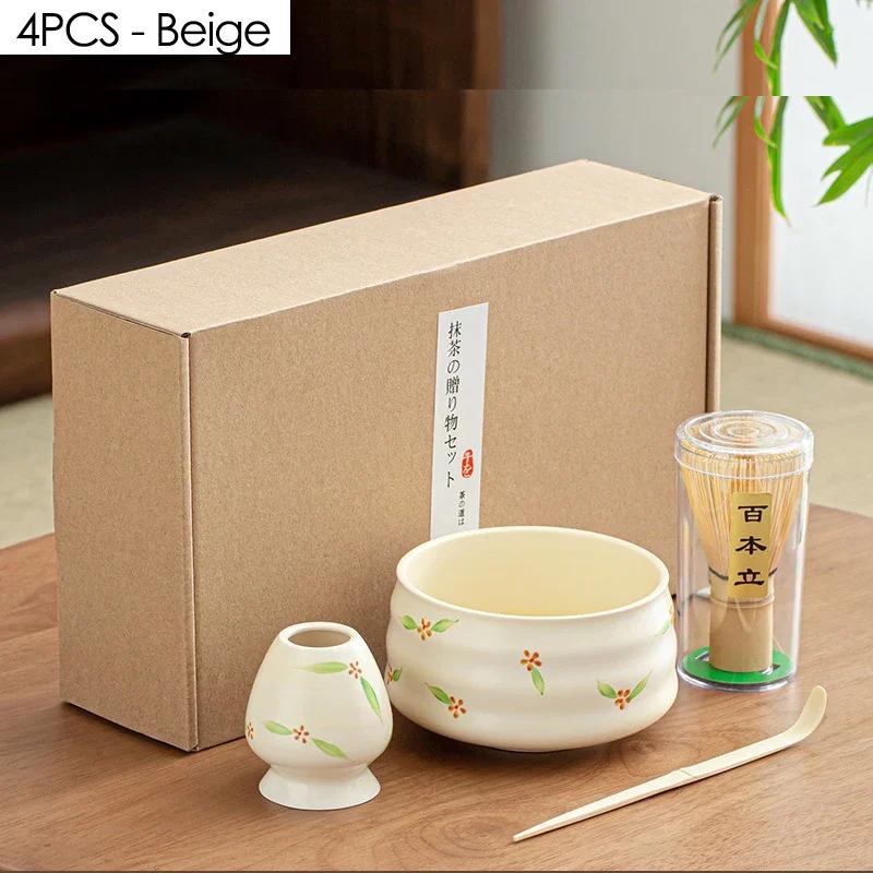 4PCS Matcha Tea Set Tool Stand Kit Ceramic Bowl Whisk Scoop Gift Ceremony Traditional Japanese Accessories Matcha Blender Set