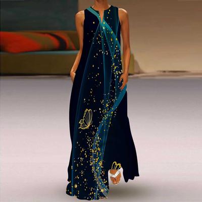 Naiste A-kujuline kleit Maxi pikkade varrukateta sinise ujuva lõngaga sügis-talvise V-kaelusega retrostiilis elegantne