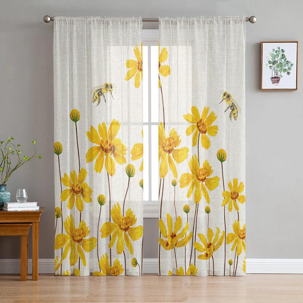 Bee Insect Golden Yellow Transparent Drapes for Bed Chamber Living Room Ornamentation Window Panel Curtain for Cooking Area Tulle Sheer Fabric