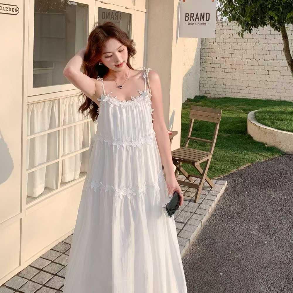 Spring 2026 French Holiday 3D Floral Tiered Camisole Dress for Women