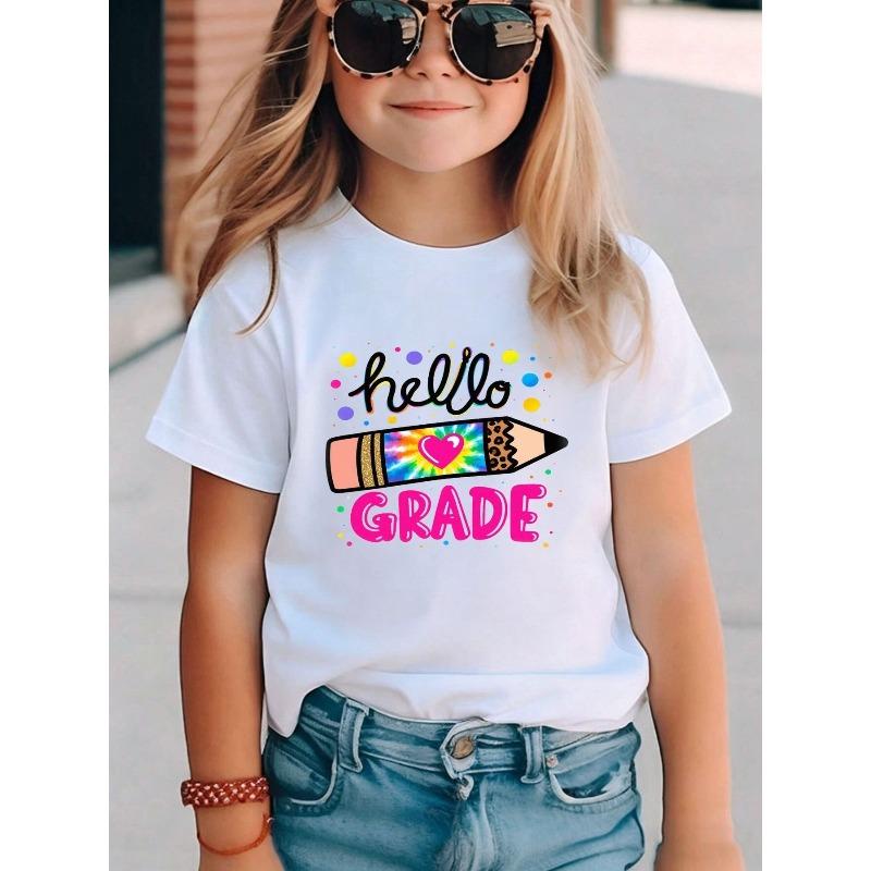 Girls Back To School Hello Grade Tie Dye Crayon Polka Dot Print Crewneck Tee 110