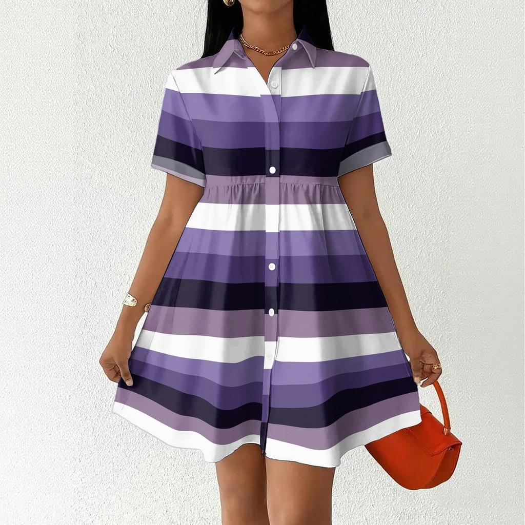 Women Loose Fit Shirt Dress Button Front Stand Collar Short Sleeve Casual Dress with Stripe Print for Daily Wear
