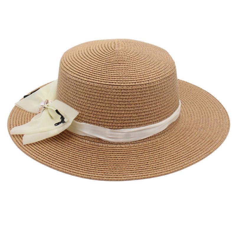 Flat Top Straw Hat Sun Hat Bow Big Eaves Straw Woven Bucket Hat Basin Hat Pearl Bucket Hat Mother Hat