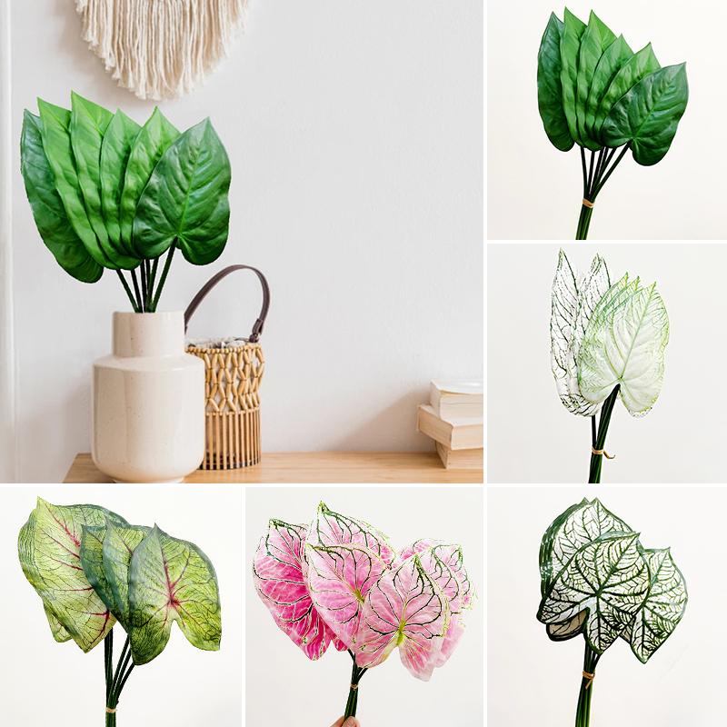6 Stück Caladiumblatt Seidenblumen Blumengesteck Lange Stiele Künstlicher Bund Partydeko Kunstpflanzen Heimdeko Kunstgrün