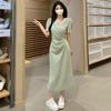 Large size coffee break V-neck pleated waist dress women's summer fat mm French gentle temperament slim and thin skirt