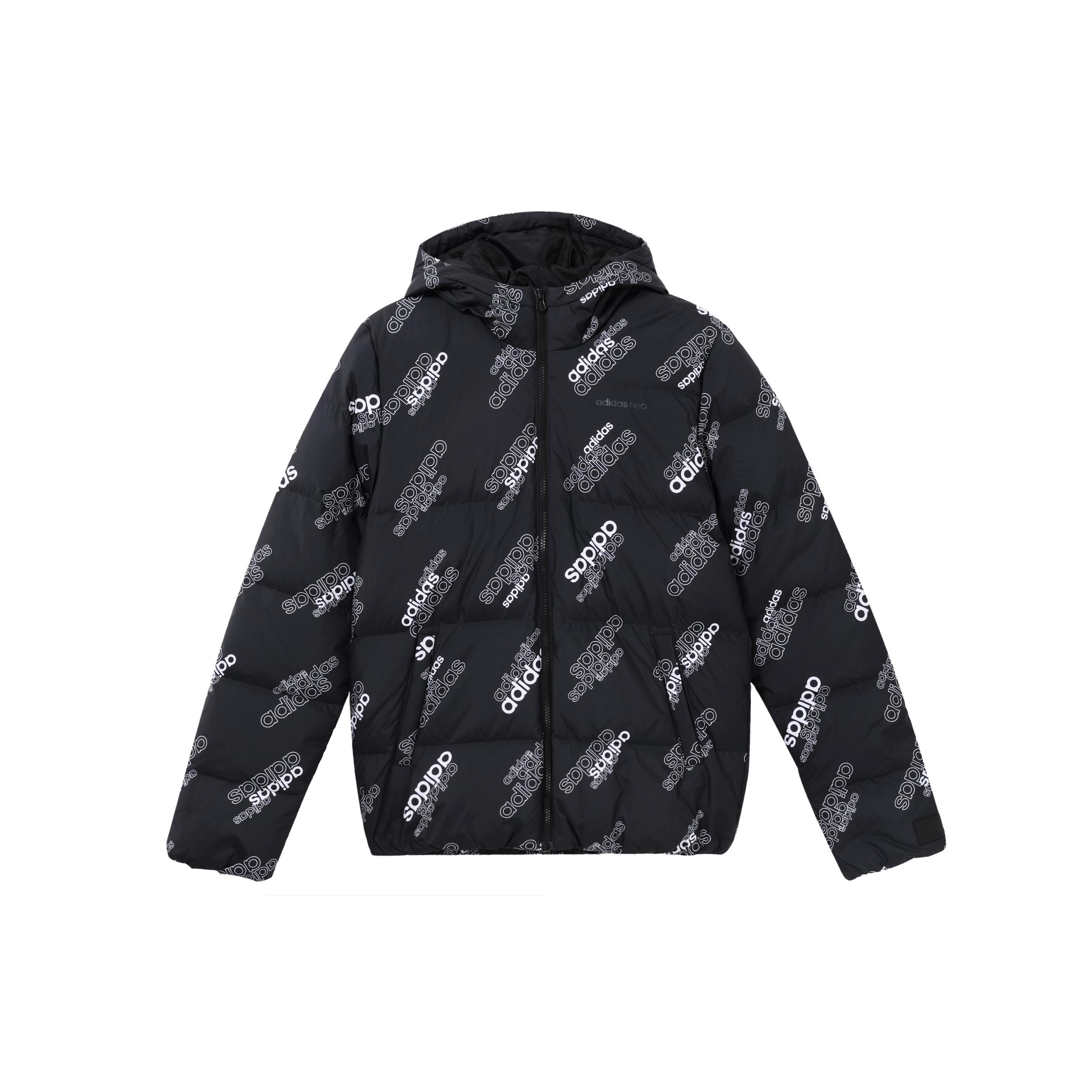 Men s adidas neo Logo Full Print Sports Stay Warm Hooded Down Jacket Black GJ8812 S