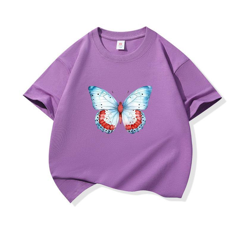 Kids Cotton T Shirt Light Blue And Red Butterfly Print Crew Neck Short Sleeve Tee Casual Boys Girls Summer Tops
