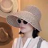 New Hat Sun Hat Sun Protection UV Protection Female Retro Temperament Black and White Striped Big Brim Bucket Hat