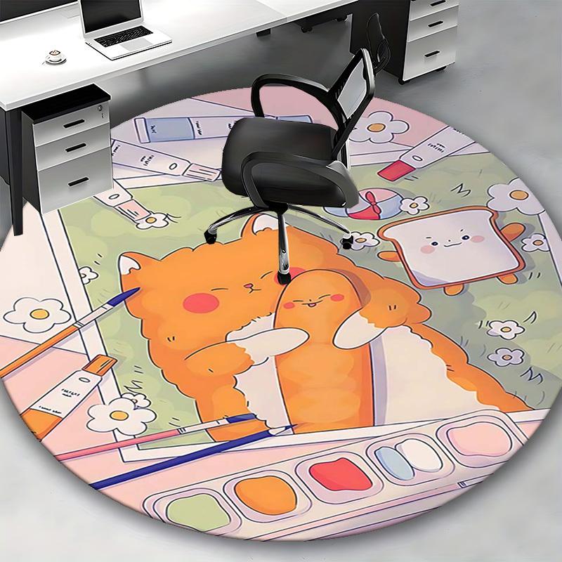 1pc Anime Design Round Carpet Cute Cat and Bread Friends Office Chair Mat, Non Slip Rug for Home Decor, All Seasons