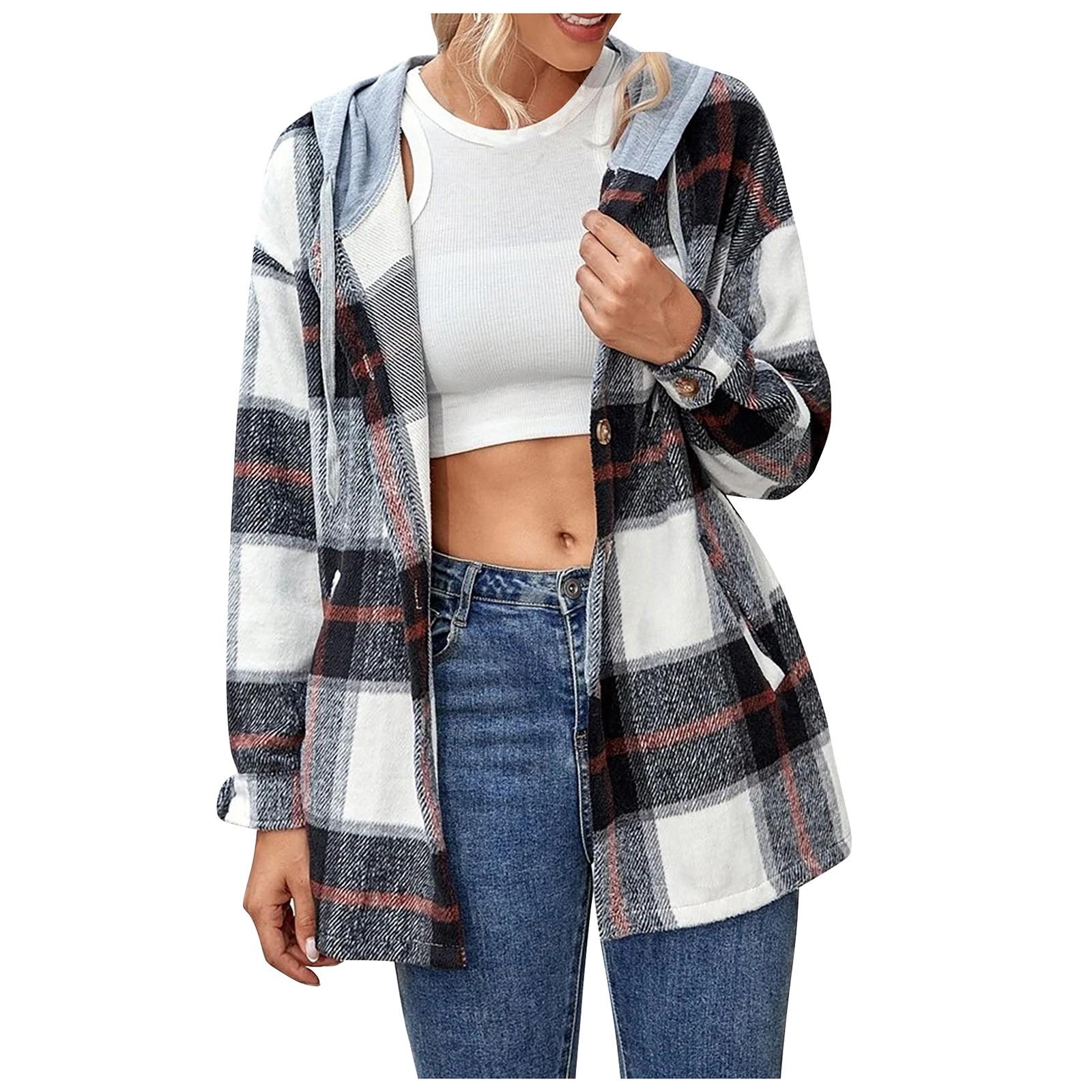 

(SU)Женская осенне-зимняя свободная шерстяная куртка с капюшоном в клетку, теплый топ