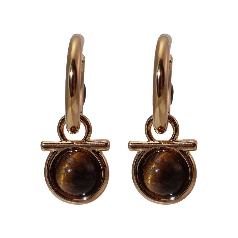 Natural Tiger'S Eye Stone Stud Earrings, Simple Design, Niche One, Two-Wear Earrings, Literary And Retro Maillard Earrings.