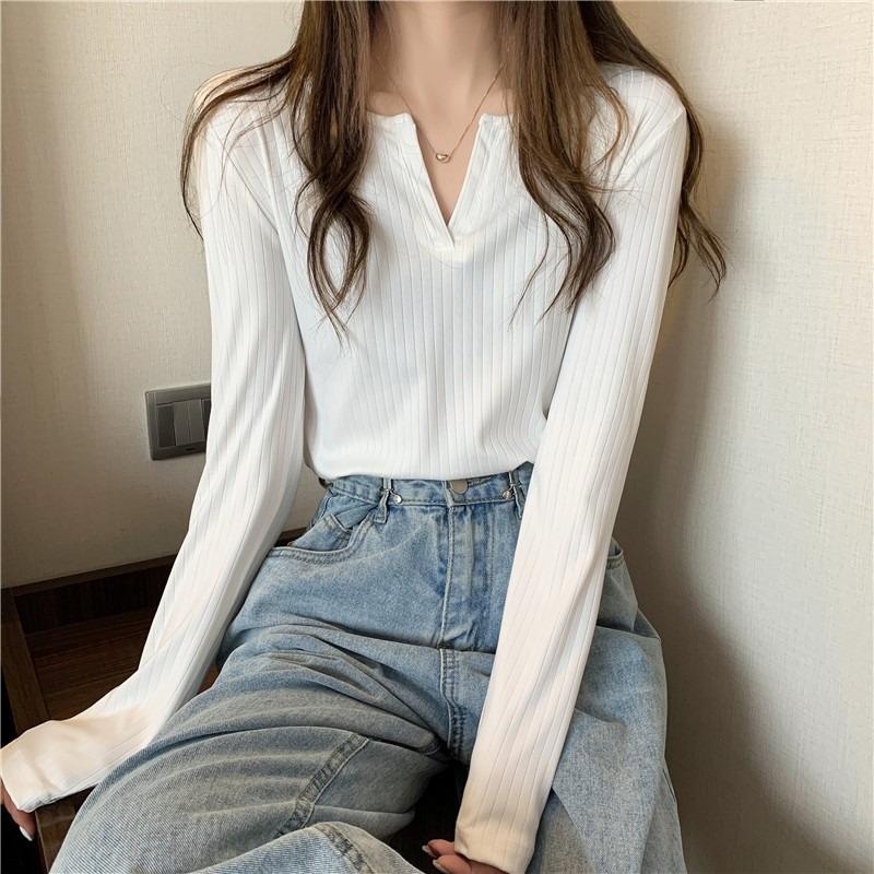 

Однотонная футболка с V-образным вырезом и длинными рукавами, женская новая облегающая и тонкая универсальная модель в гонконгском стиле, трендовая 2XL белый