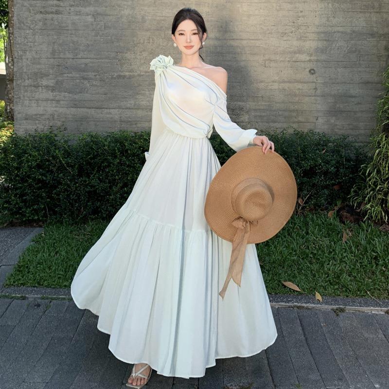 French Temperament High-end Vacation One-word Collar Mint Green Spring and Summer Dress Sunscreen