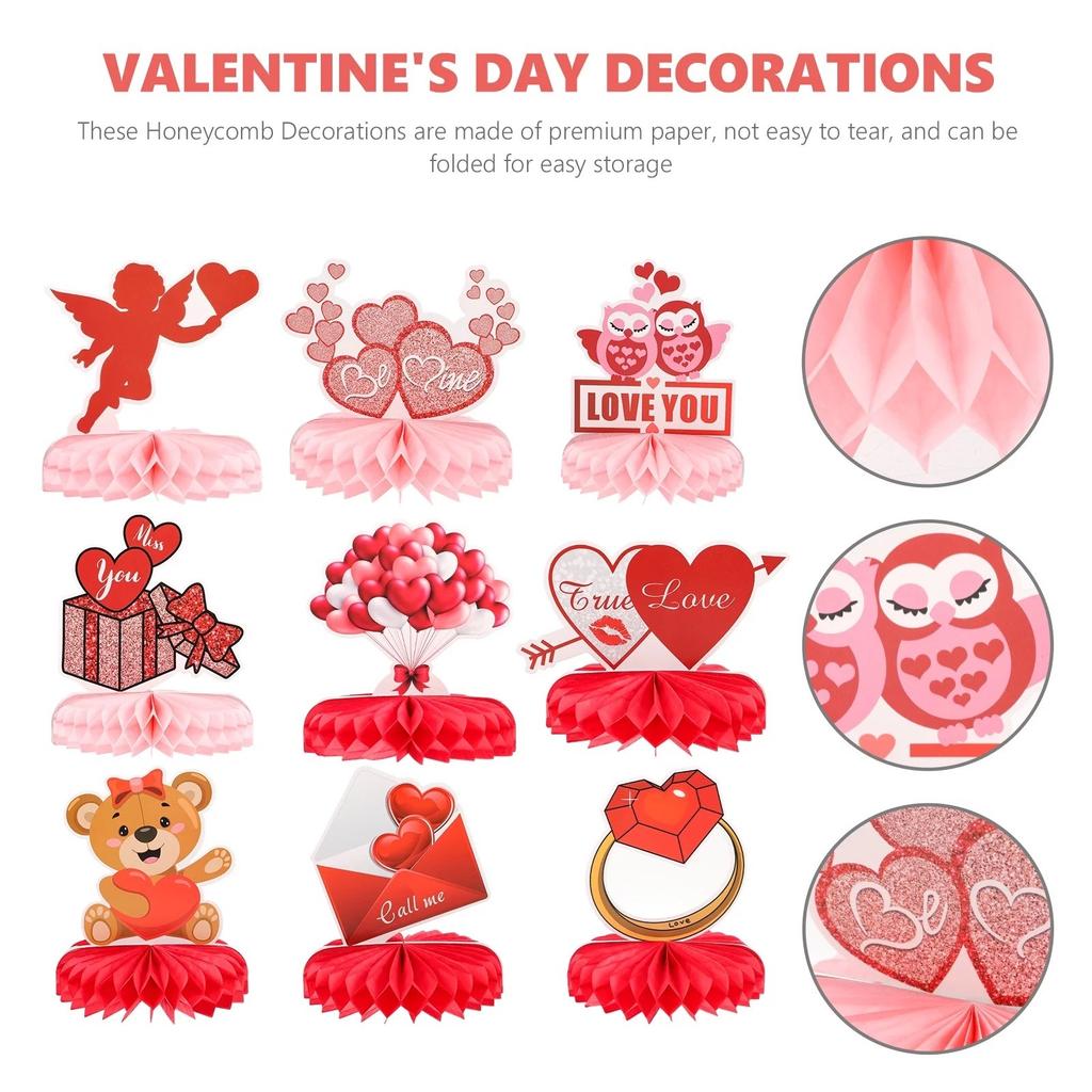 9pcs Valentine's Day Honeycomb Centerpieces Decoration Valentine Party Supplies