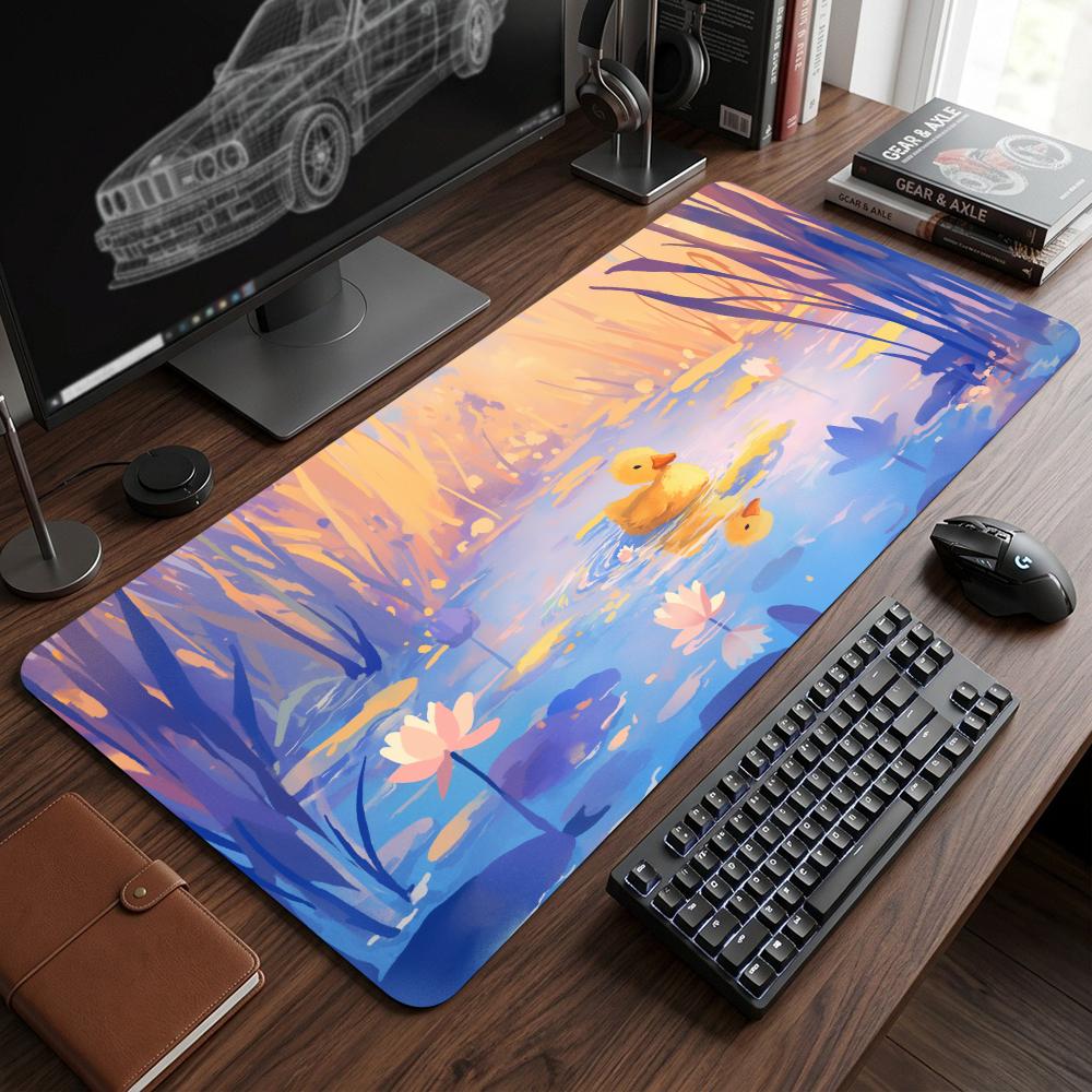 Cute Yellow Duck Lotus Large Extended Desk Mat Anime Scenery XXL Gaming Mouse Pad Non Slip Rubber Keyboard Mat Office Home Decor