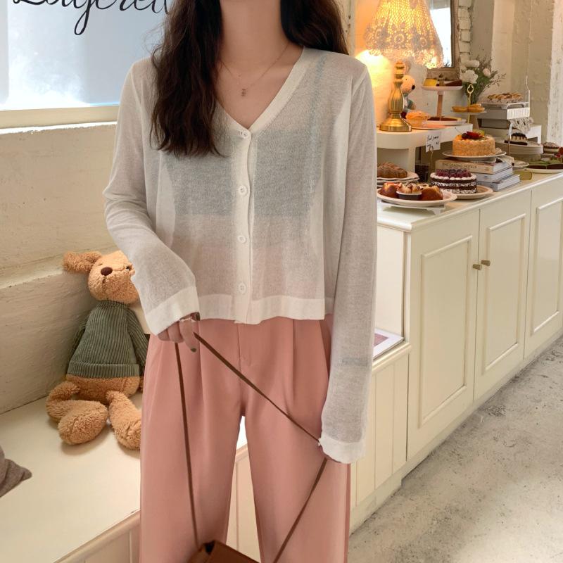 Women Summer Thin Knitted Shirt Top Cardigan V-Neck Full Sleeve Single-breasted Sunscreen Loose Solid Color