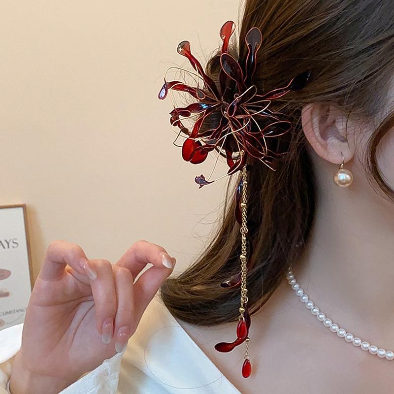 Chinese Style Spider Lily Flower Hair Sticks For Women Dripping Oil Tassel Hairpin Vintage Hanfu Chopsticks Hair Accessories