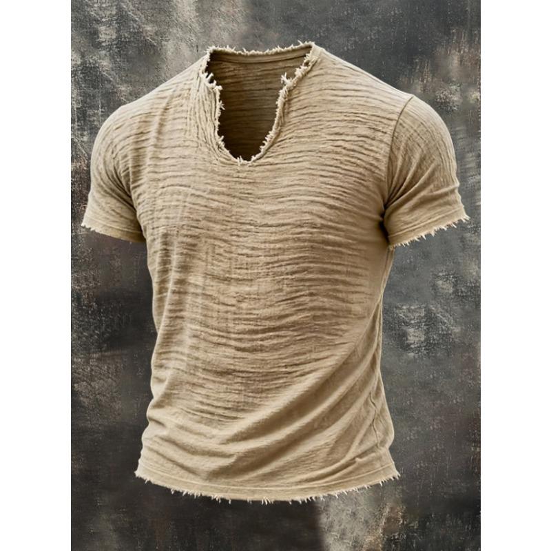 MENFORMAL Heren Khaki Slubtextuur Ruwe Rafelige Rand V-hals T-shirt Verweerd Gerafeld Randje Korte Mouw Casual Vintage Top XXXL abrikoos