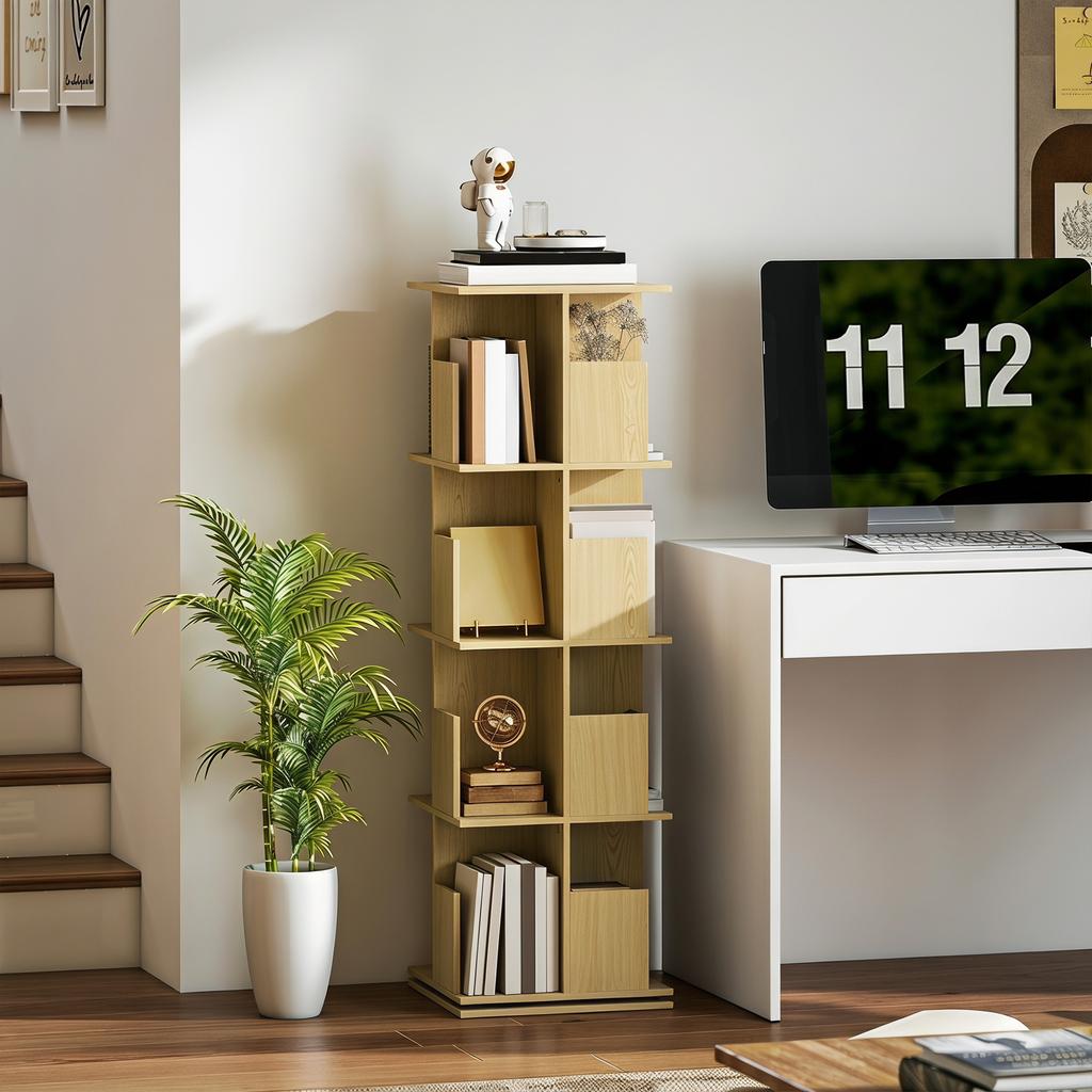 Rotating Bookshelf, 360 Degrees, 4 Shelves, 39 x 39 x 128.3 cm, Oak