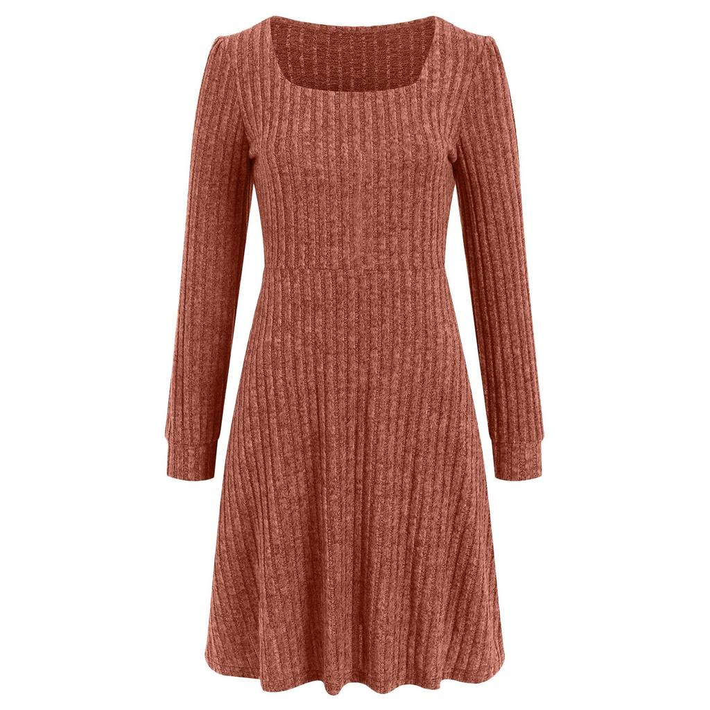 Vestido de Punto de Manga Larga para Mujer con Bolsillos Cuello Cuadrado Vestidos Ajustados Tejido de Color Puro Vestido Elegante para Mujer
