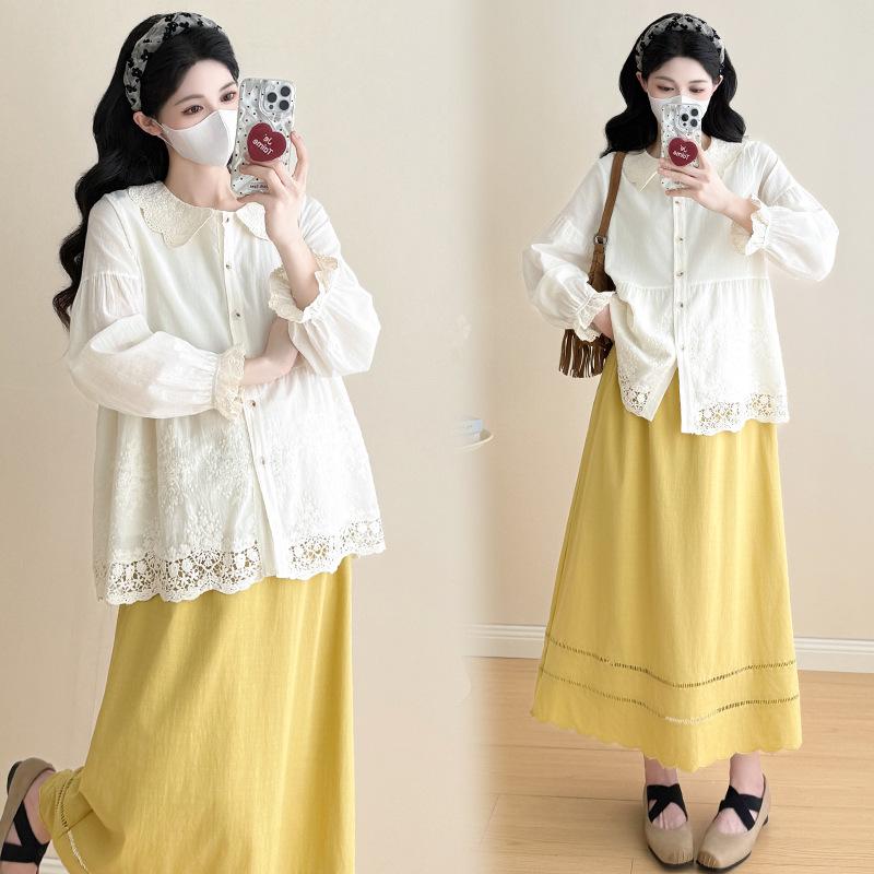 Available: Spring 2026 Lace Ruffle Doll Collar Maternity Shirt & Petal Skirt Set L [115-130 lbs]