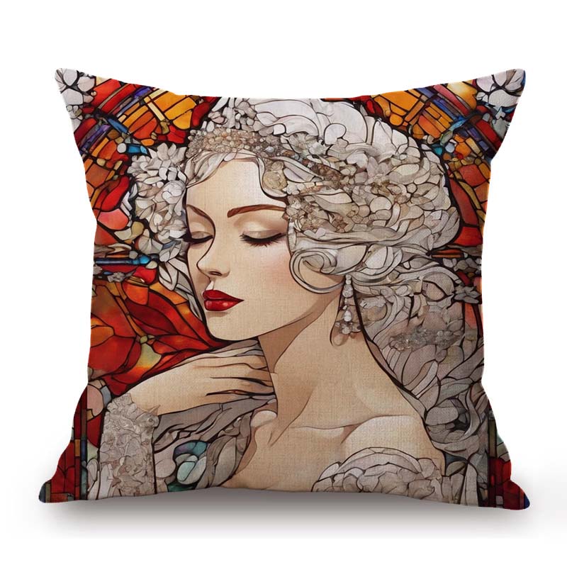 Nouveau Art Mucha Style Stained Glass Eleglant Lady Divine Witch Retro Decoration Art Sofa Pillow Case Linen Cushion Cover