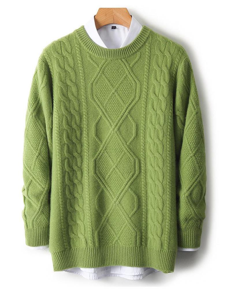 Men's Casual 100% Wool Thickened Sweater - Five-Needle Large Diamond Jacquard Knit