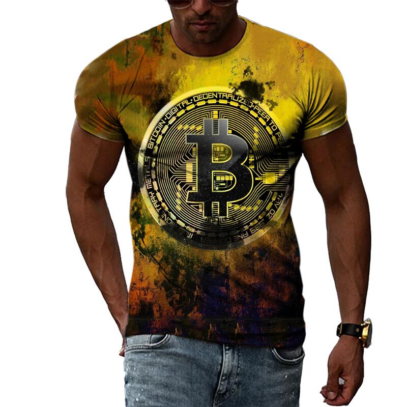 Summer Fashion Abstract Bitcoin 3D Print Tee Hip Hop Harajuku Personality Round Neck Short Sleeve Casual Men's T-shirts