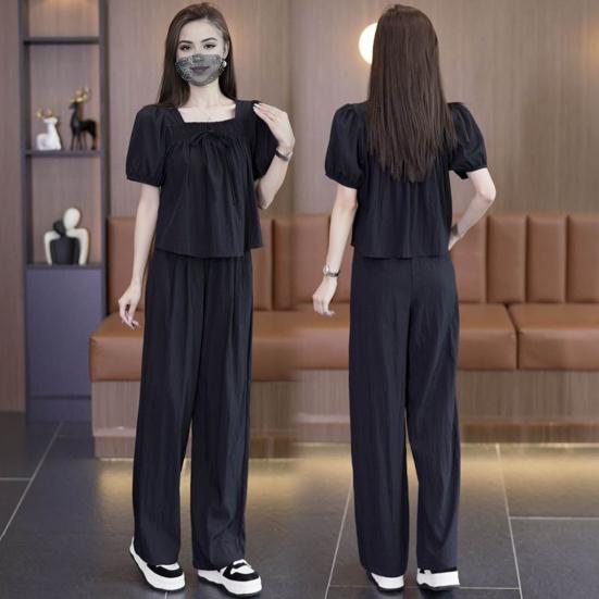 2 buc/set femei set culoare solidă fundă pătrat plisat cu mânecă scurtă top pantaloni gât top lat