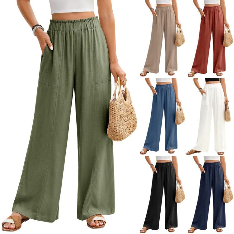 Summer Women Cotton Linen Wide Leg Palazzo Pants Casual Loose High Waist Drawstring Trousers With Pockets