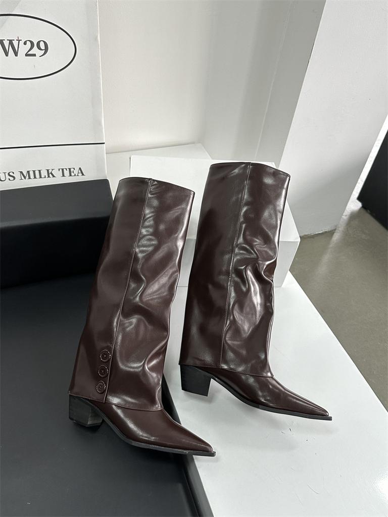 IPPEUM Brown Knee High Cowboy Boots For Women Chunky Heel Shoes 2024 New Women Pipe Boots