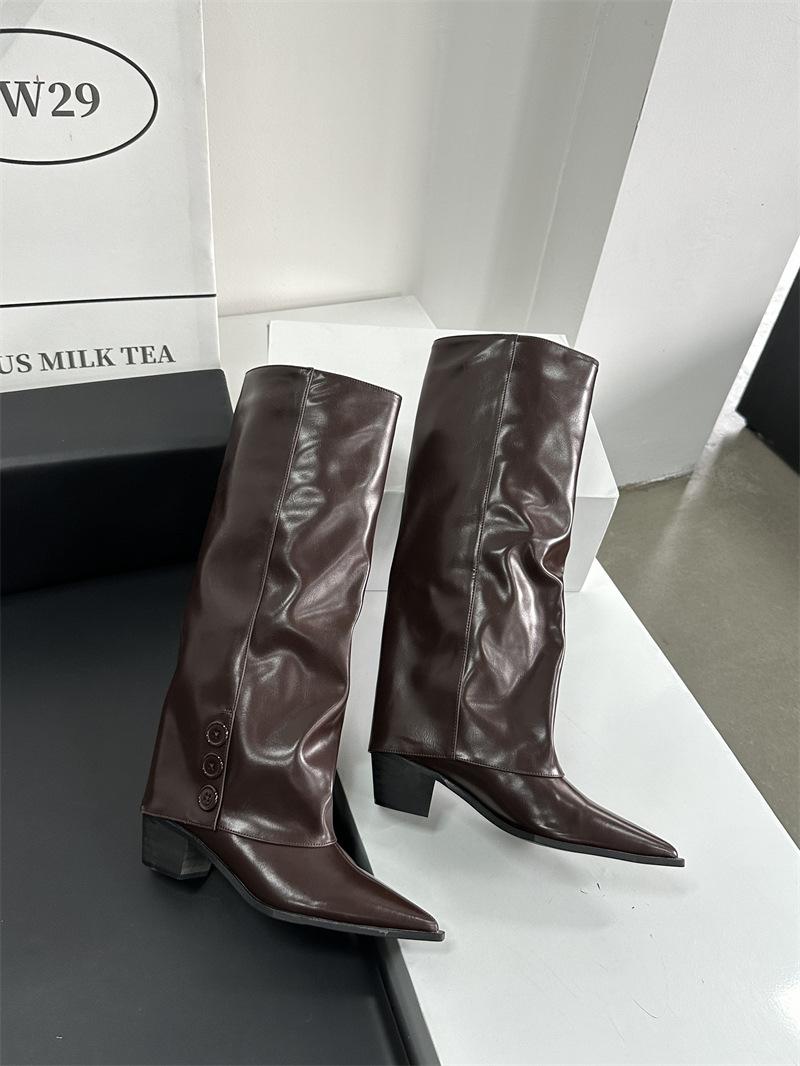 

Модные сапоги до колена ковбойского стиля IPPEUM коричневого цвета для женщин, обувь на массивном каблуке, новая модная женская обувь-труба 2024 225 коричневый